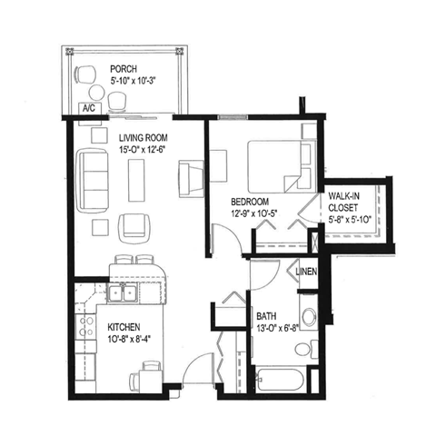 Floor plan for 1 bed, 1 bath, 660 sqft